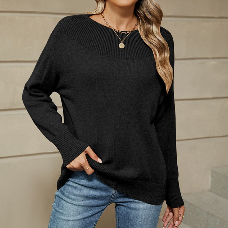 Ribbed Boat Neck Loose Fit Sweatshirt Pullover