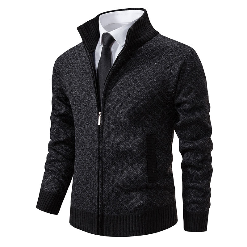 Zipper High Collar Knitted Pattern Cardigan