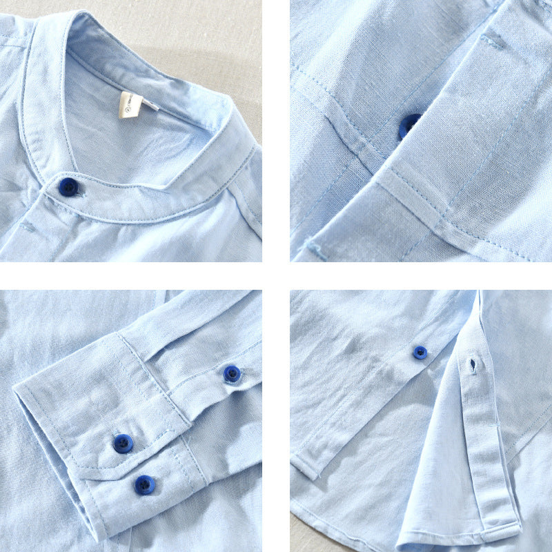 Men's Shirt - Mandarin Collar - Casual Fit - Breathable Lightweight Cotton - Long Sleeve