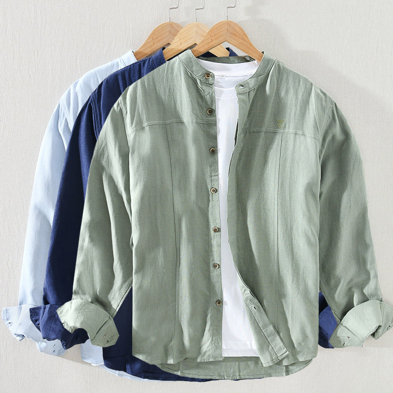 Men's Shirt - Mandarin Collar - Casual Fit - Breathable Lightweight Cotton - Long Sleeve