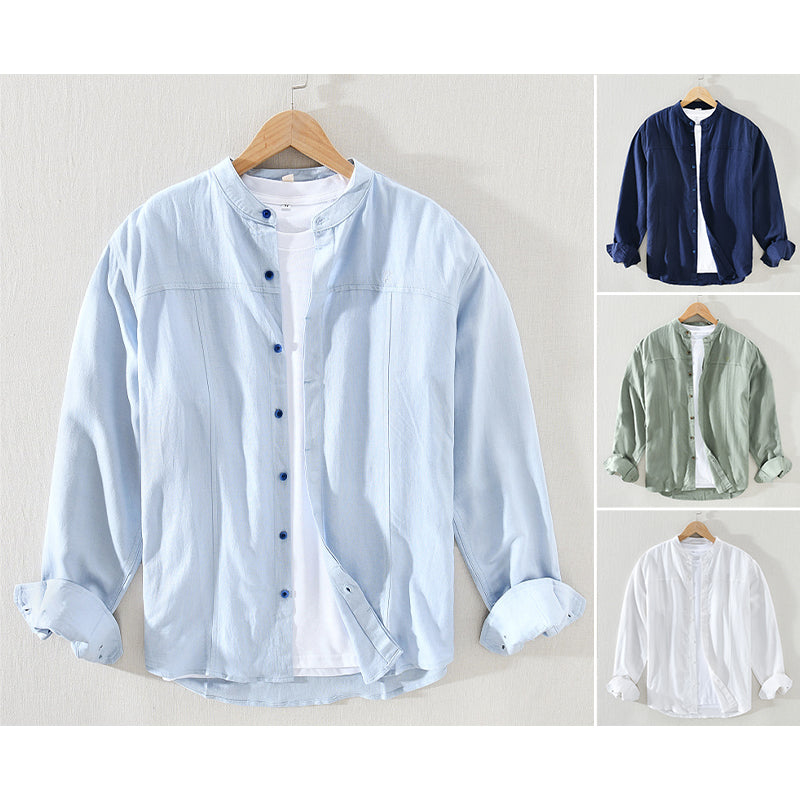 Men's Shirt - Mandarin Collar - Casual Fit - Breathable Lightweight Cotton - Long Sleeve