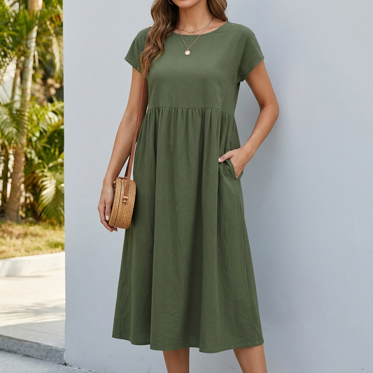 A-Line Midi Dress with Gathered Empire Waist and Pockets