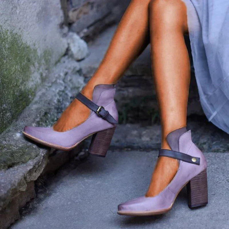 Adjustable Block Heel Round Toe Pumps