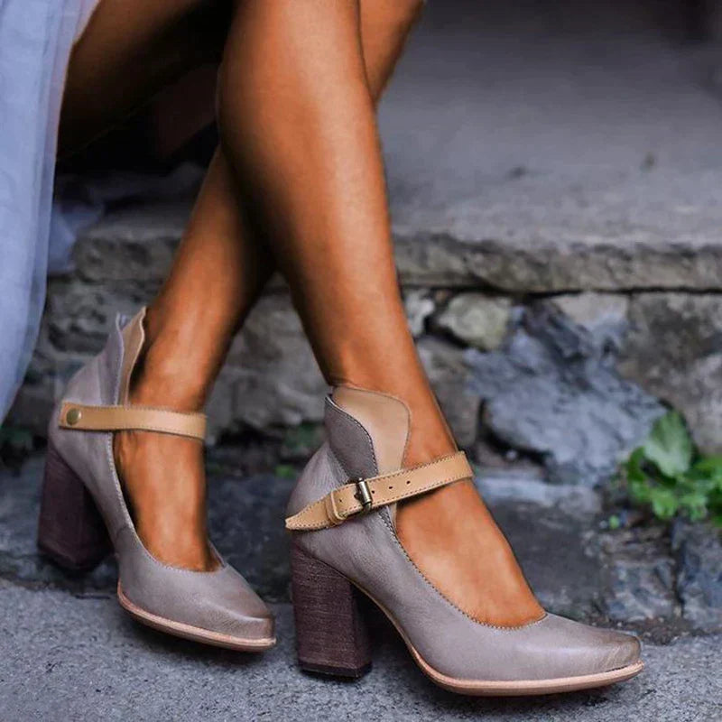 Adjustable Block Heel Round Toe Pumps