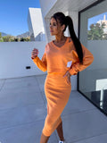 Women's Set - Long-Sleeved V-Neck Crop Top - High-Waisted Bodycon Midi Skirt - Stretchable