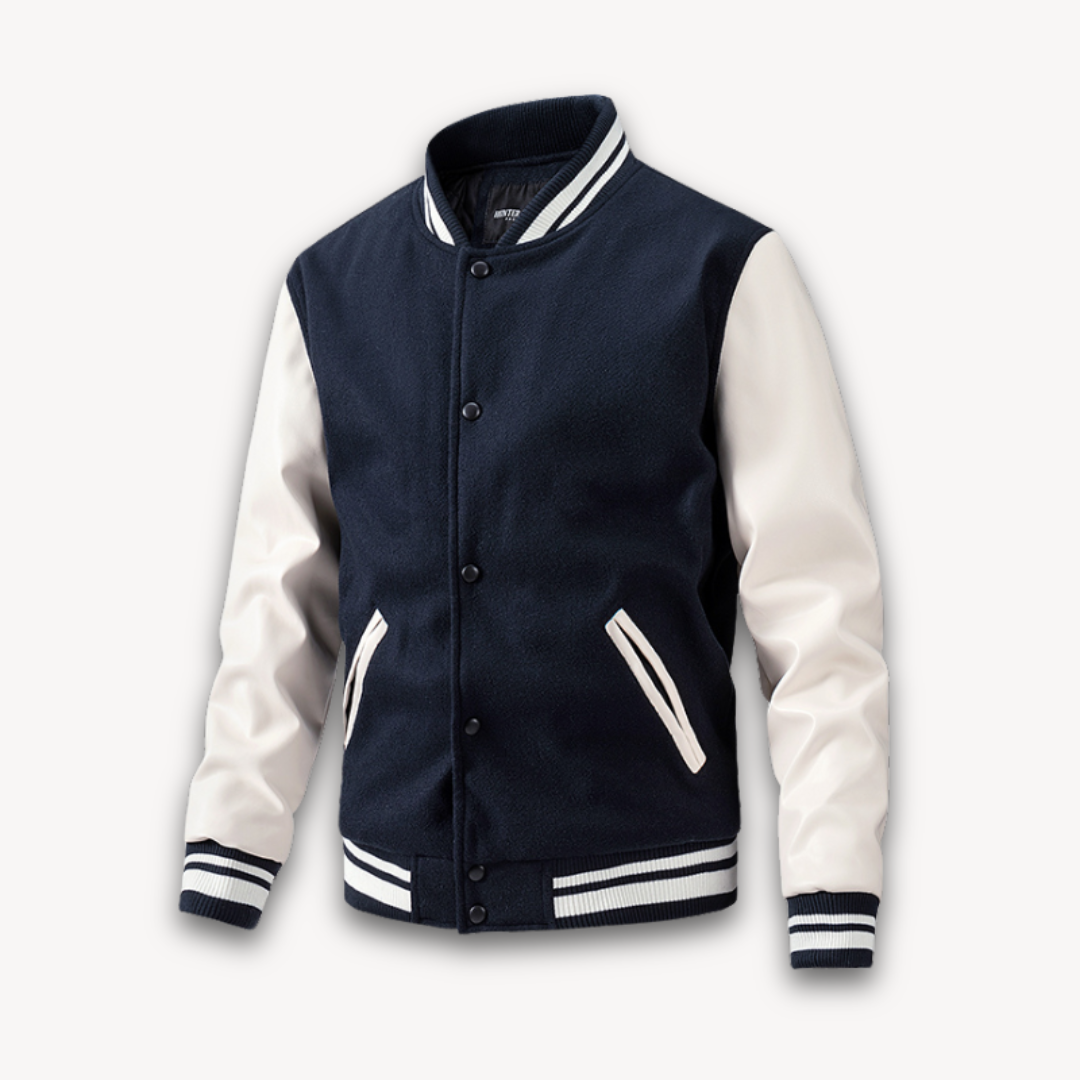 Men's varsity jacket – Classic fit – Wool-look body – Smooth leather-look sleeves – Snap button closure