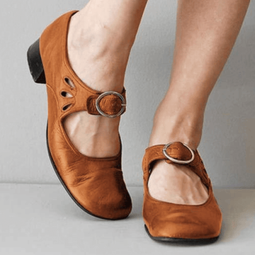 Leather Look Low Block Heel Mary Jane Shoes