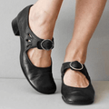 Women's Mary Jane Shoes – Leather Look – Low Block Heel – Round Toe – Buckle with Cut-Outs