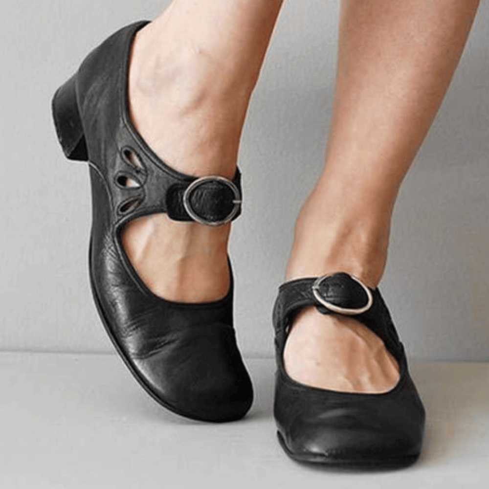 Women's Mary Jane Shoes – Leather Look – Low Block Heel – Round Toe – Buckle with Cut-Outs