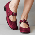 Women's Mary Jane Shoes – Leather Look – Low Block Heel – Round Toe – Buckle with Cut-Outs