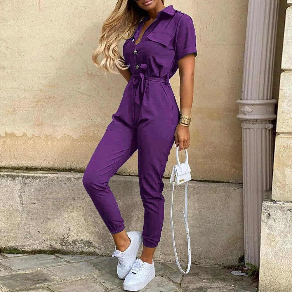 Women's Jumpsuit - Utility Style - Button Closure - Waist Tie - Short Sleeves