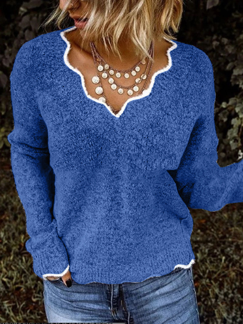 Scalloped Neckline Relaxed Fit Wool Knit Sweater