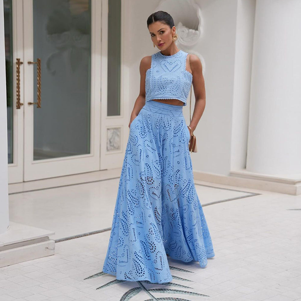 Broderie Cropped Flared High-Waist Two-Piece Set