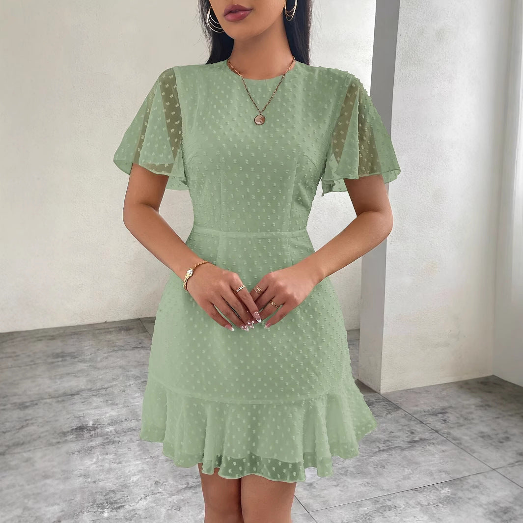 Dress for women – A-line cut – Jacquard dotted – Short ruffle sleeves – Mini length