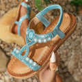 Women's Sandals – Flat Sole – Padded Footbed – Boho Beads and Elastic Strap