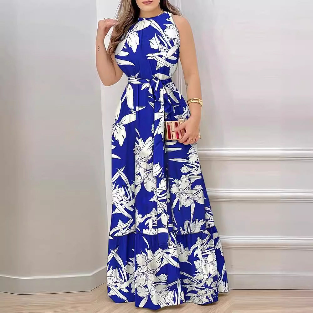 Dame Maxi Kjole – Halterneck – Blomsterprint – Bælte i Taljen – Rynket Kant