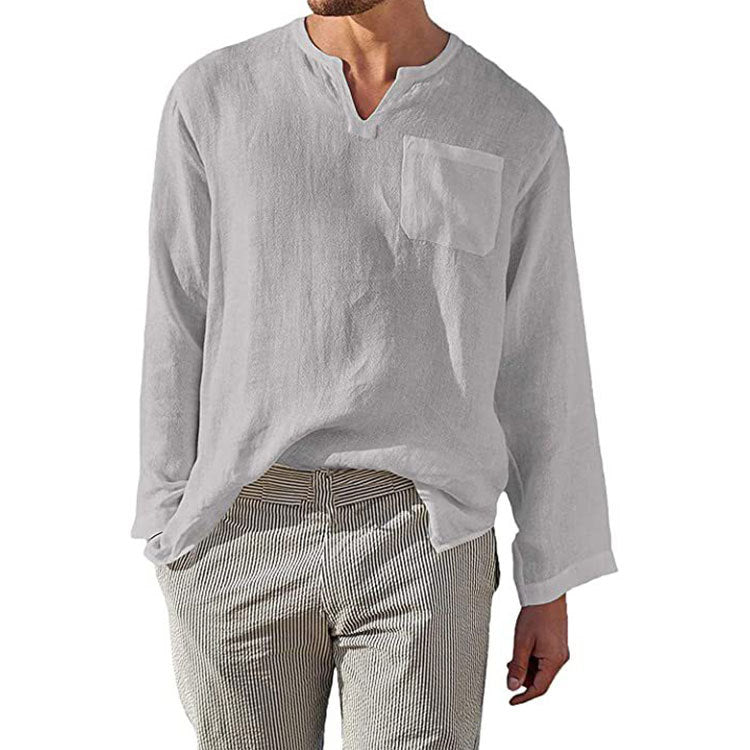 Men's Shirt with Long Sleeves – Linen-Cotton Blend – Relaxed Fit – Mandarin Collar