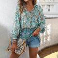 Women's Blouse – Light Rayon – Relaxed Fit – Bow Neck – Long Sleeves Boho Print
