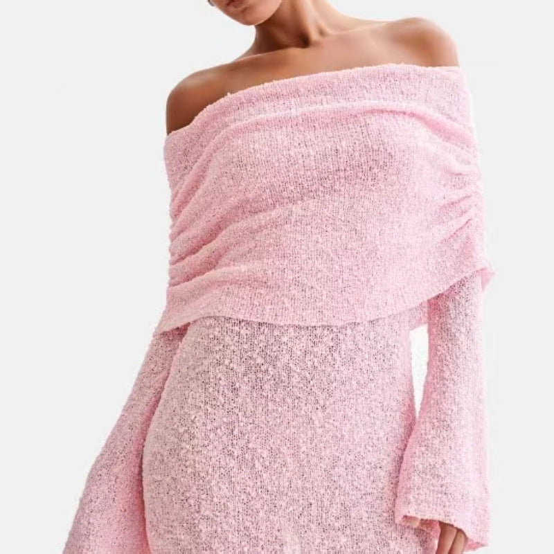 Dame Strandkjole – Off Shoulder – Slim Fit – Let Strik – Langærmet – Semi Transparent