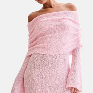 Dame Strandkjole – Off Shoulder – Slim Fit – Let Strik – Langærmet – Semi Transparent