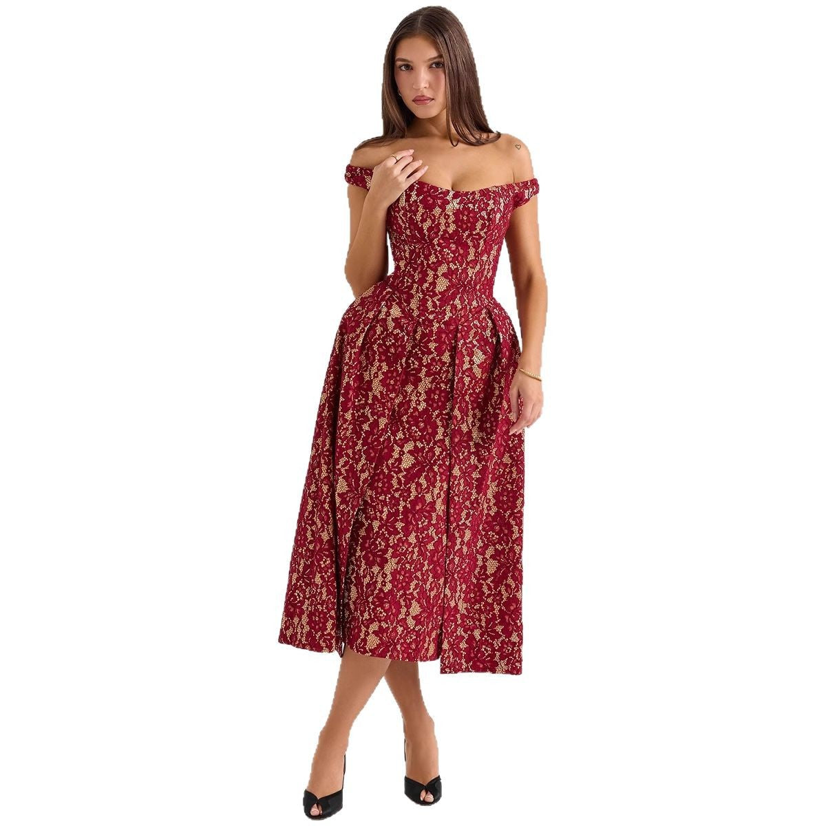 Women's Dress – Off-Shoulder – Lace Surface – Fitted Waist – Open Back – Long Model