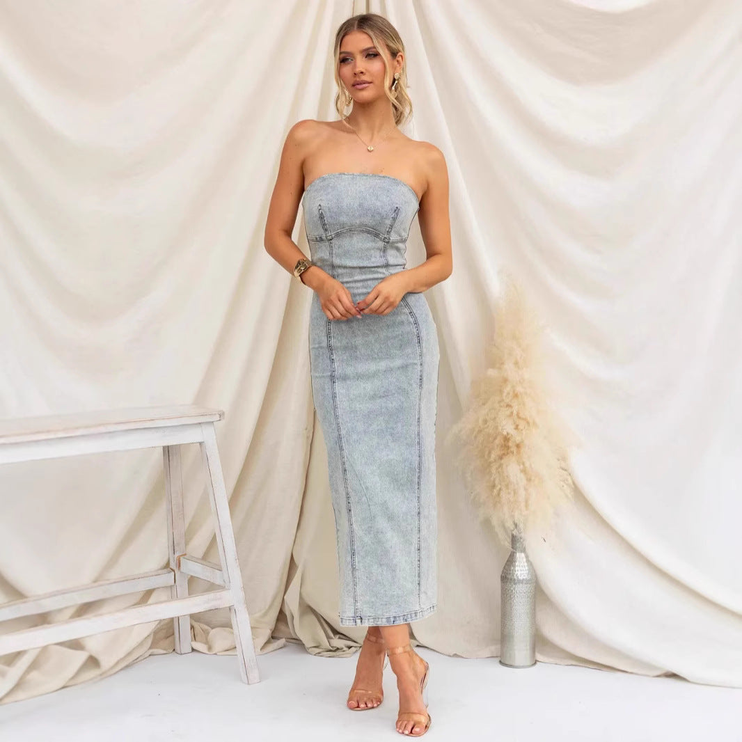 Strapless Slim Fit Midi Denim Dress