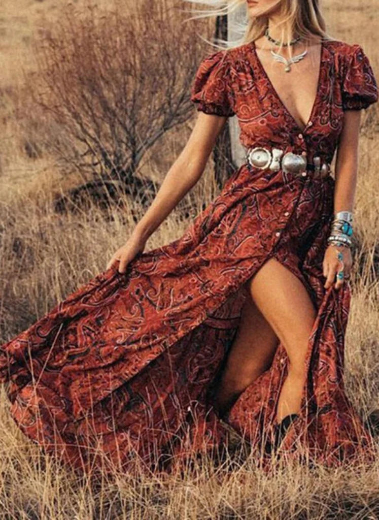 Puff Sleeve Fitted Front Slit Maxi Dress