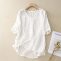 Women's Short-Sleeved Shirt – Loose Fit – V-Neck – Embroidery – Breathable Quality