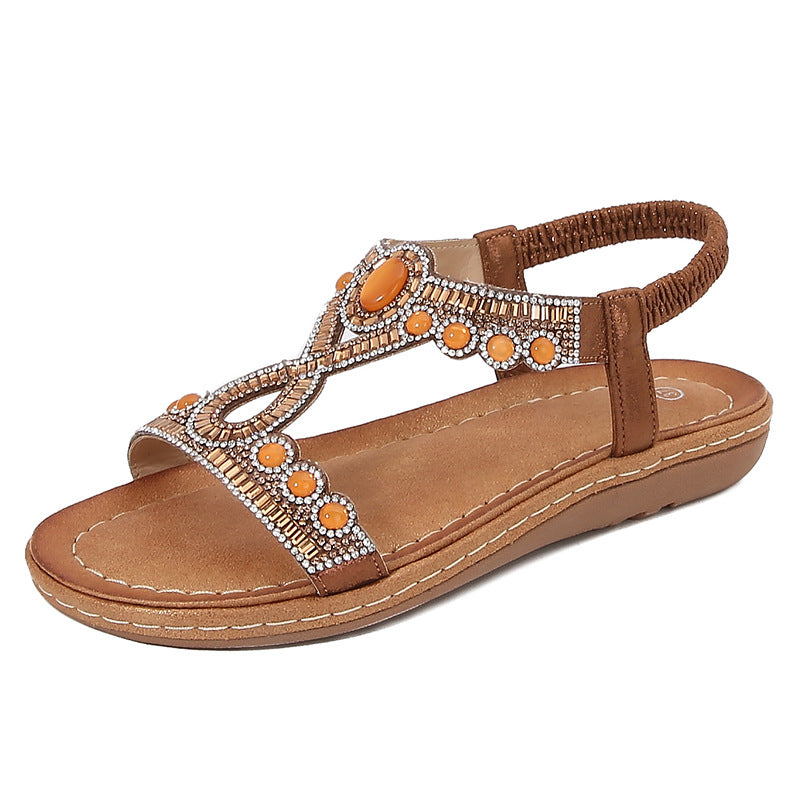 Padded Footbed Boho Beads Elastic Strap Sandals