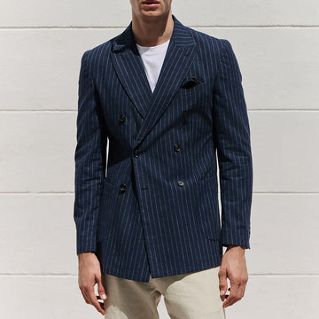 Double-Breasted Pinstripe Wool Blend Blazer
