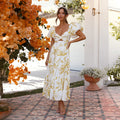Dress for women – Maxi length – Loose fit – Puff sleeves – Cut-out waist – Layered skirt – Abstract print