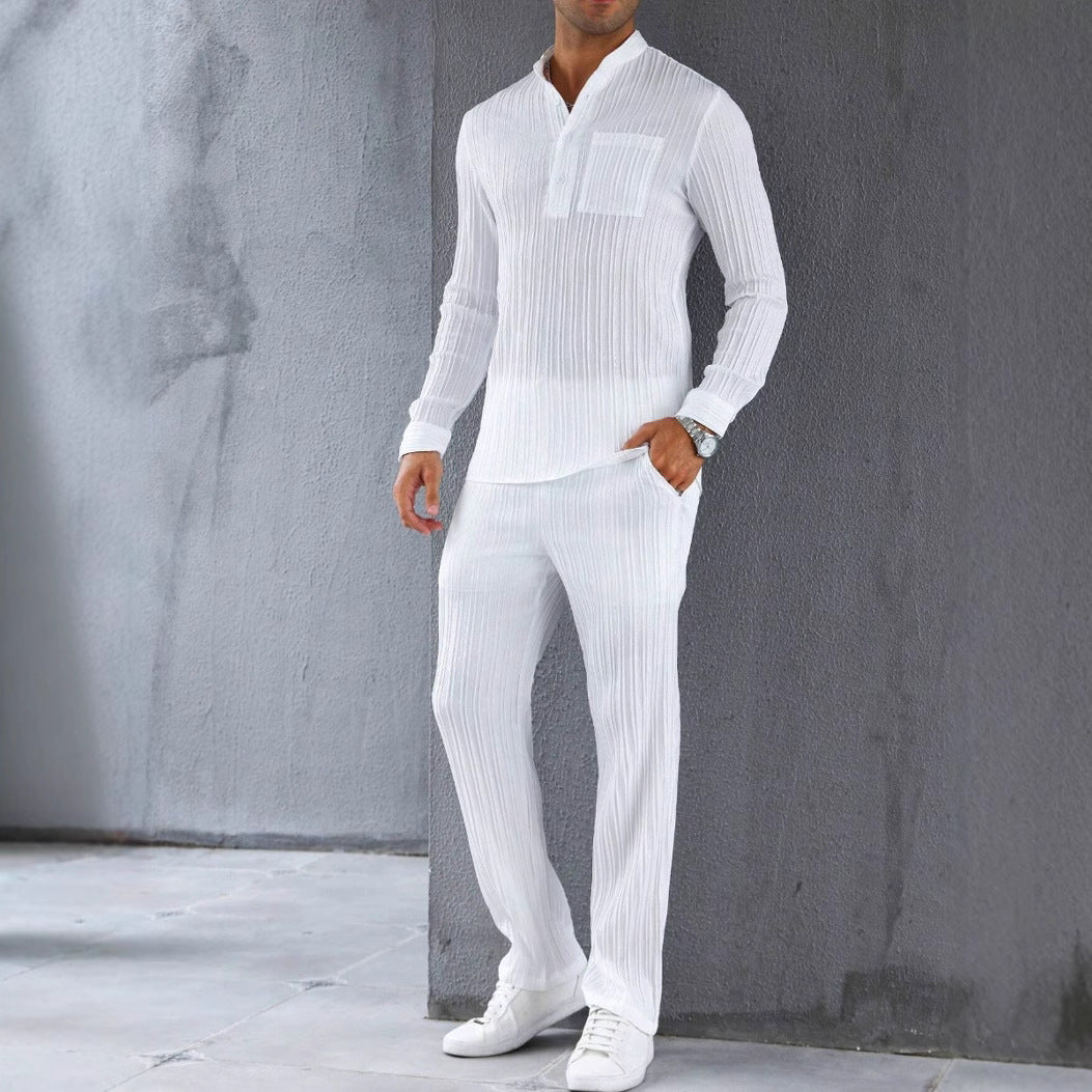 Herresæt med skjorte og bukser – Slim fit – Ribstruktur – Let og åndbar