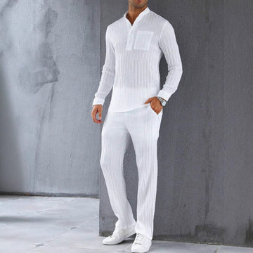 Herresæt med skjorte og bukser – Slim fit – Ribstruktur – Let og åndbar