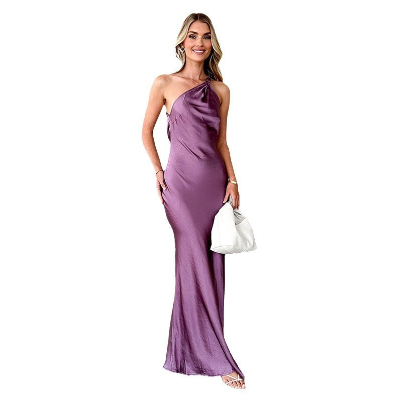 Women's Evening Dress – One Shoulder – Satin – Slim Fit – Floor-Length Elegant Design