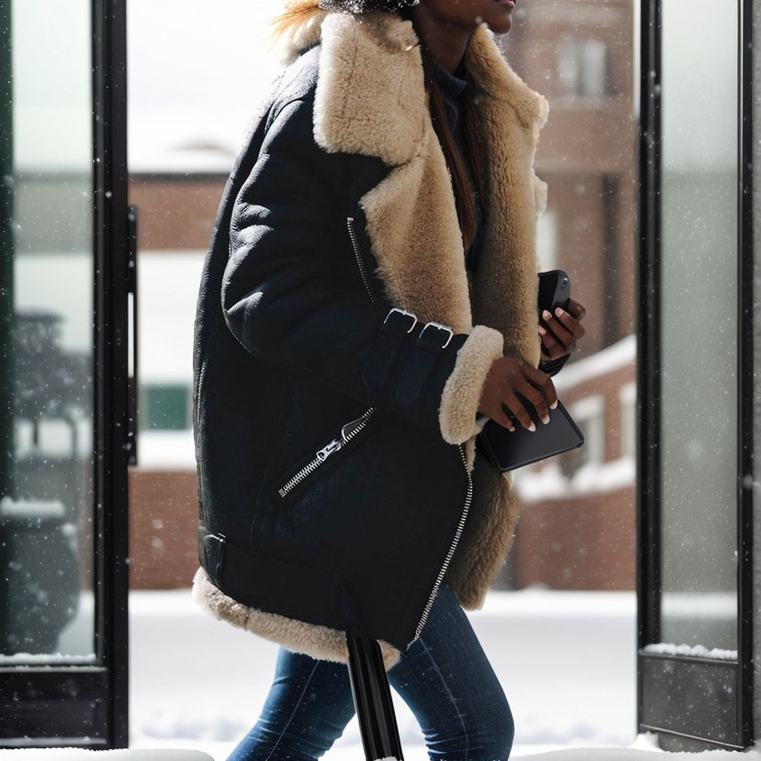 Faux Fur Collar Buckle Accent Coat