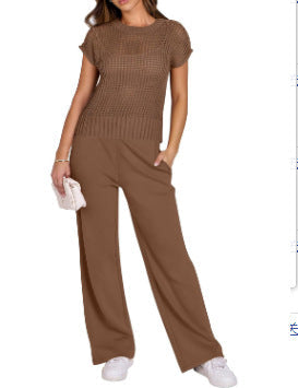 Women's set – Open-knit short-sleeved top – Wide-leg pants – Relaxed fit