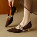 Women's Mary Jane Shoes – Suede – Pointed Toe – Mid Heel – Decorative Buckle Strap