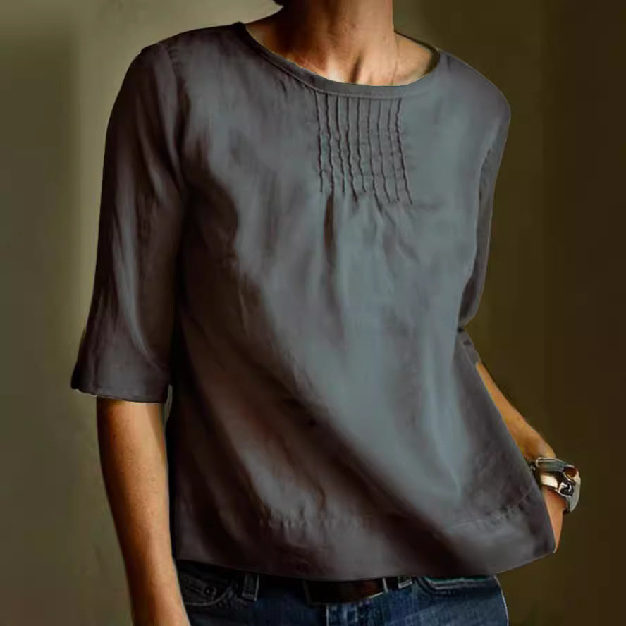 Cotton Linen Blend Loose Fit Pleated Blouse