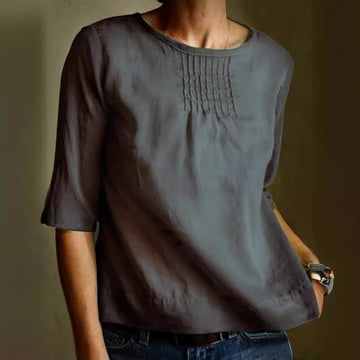 Cotton Linen Blend Loose Fit Pleated Blouse