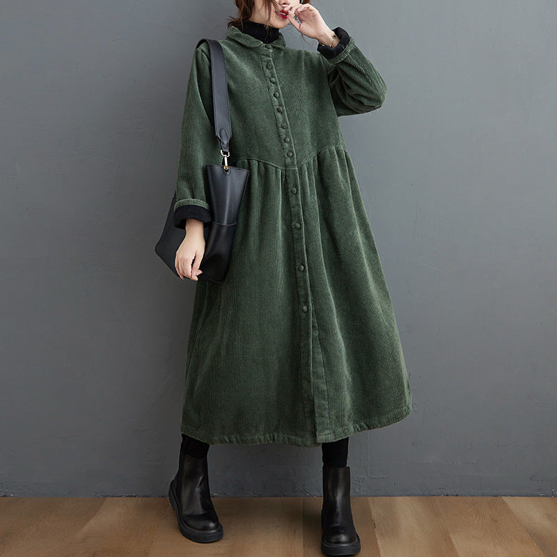Corduroy A-Line High Neck Long Coat