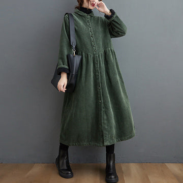 Corduroy A-Line High Neck Long Coat