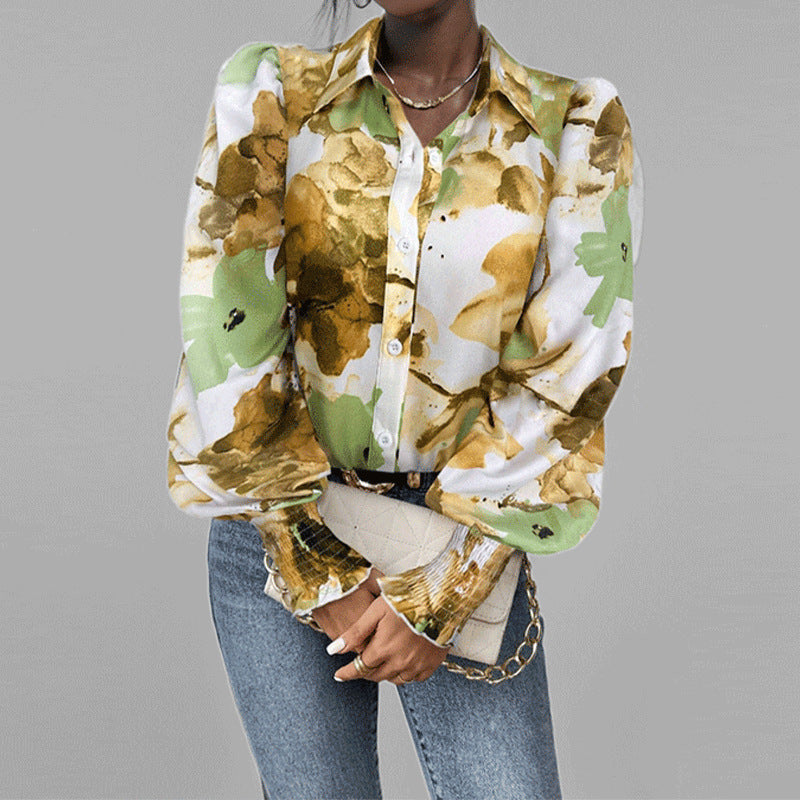 Women's Shirt – Oversize Fit – Floral Print – Puff Sleeves – Smock Cuffs