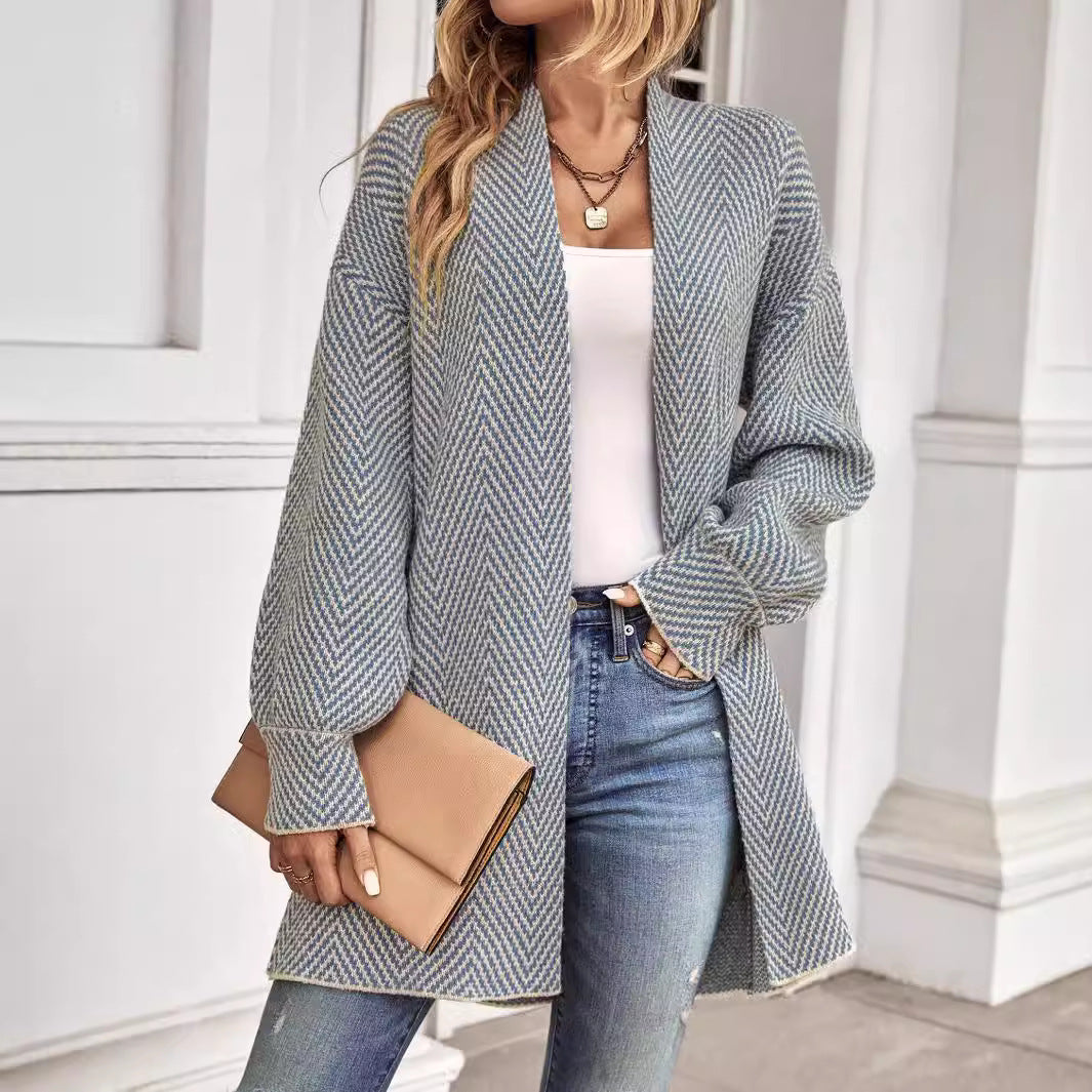Knit Herringbone Pattern Open Front Cardigan