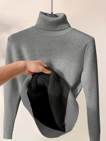 Fleece Lined Ribbed Turtleneck Pullover Sweatshirt