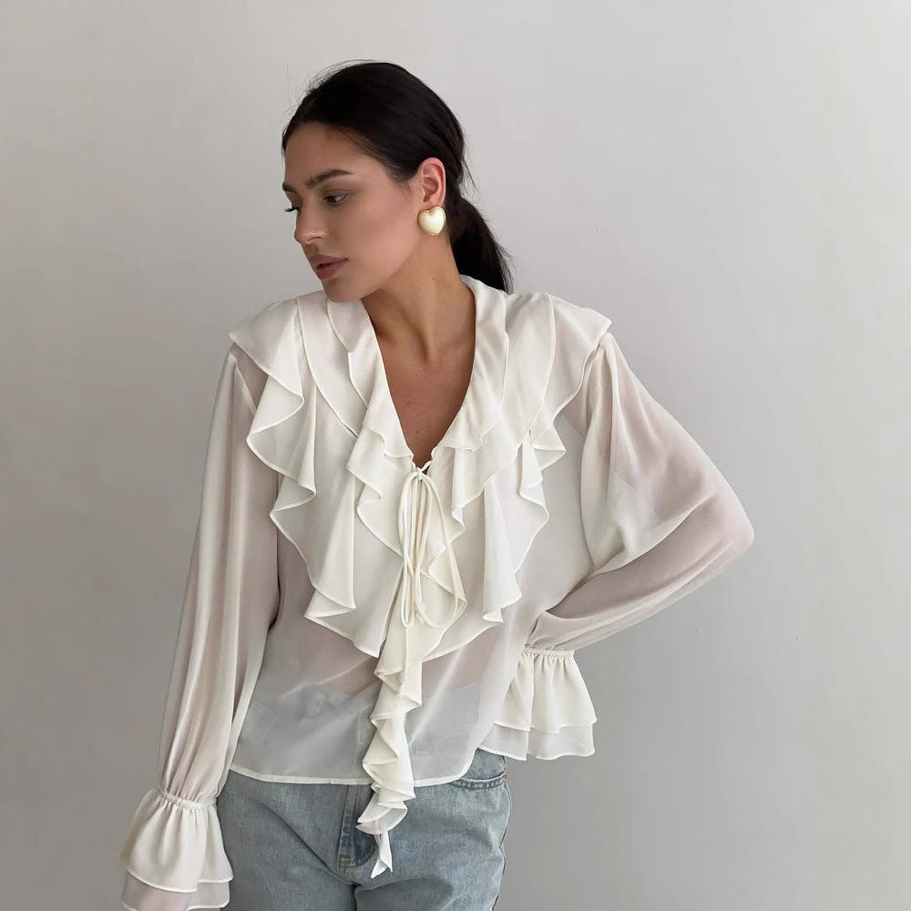 Transparent Relaxed Fit Ruffled V-Neck Blouse