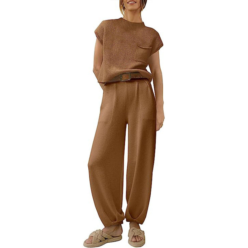 Women's Knit Set – Cropped Top with Chest Pocket – High-Waisted Wide Pants
