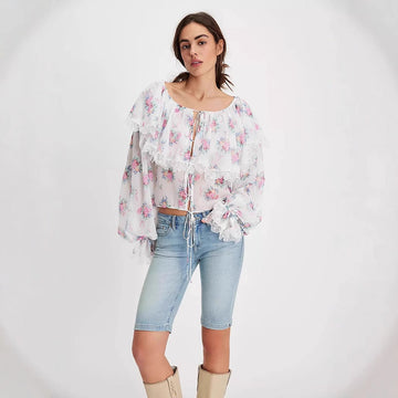 Damebluse – Chiffon – Løstsiddende Pasform – Blomstermønster – Blondekant – Bindebånd