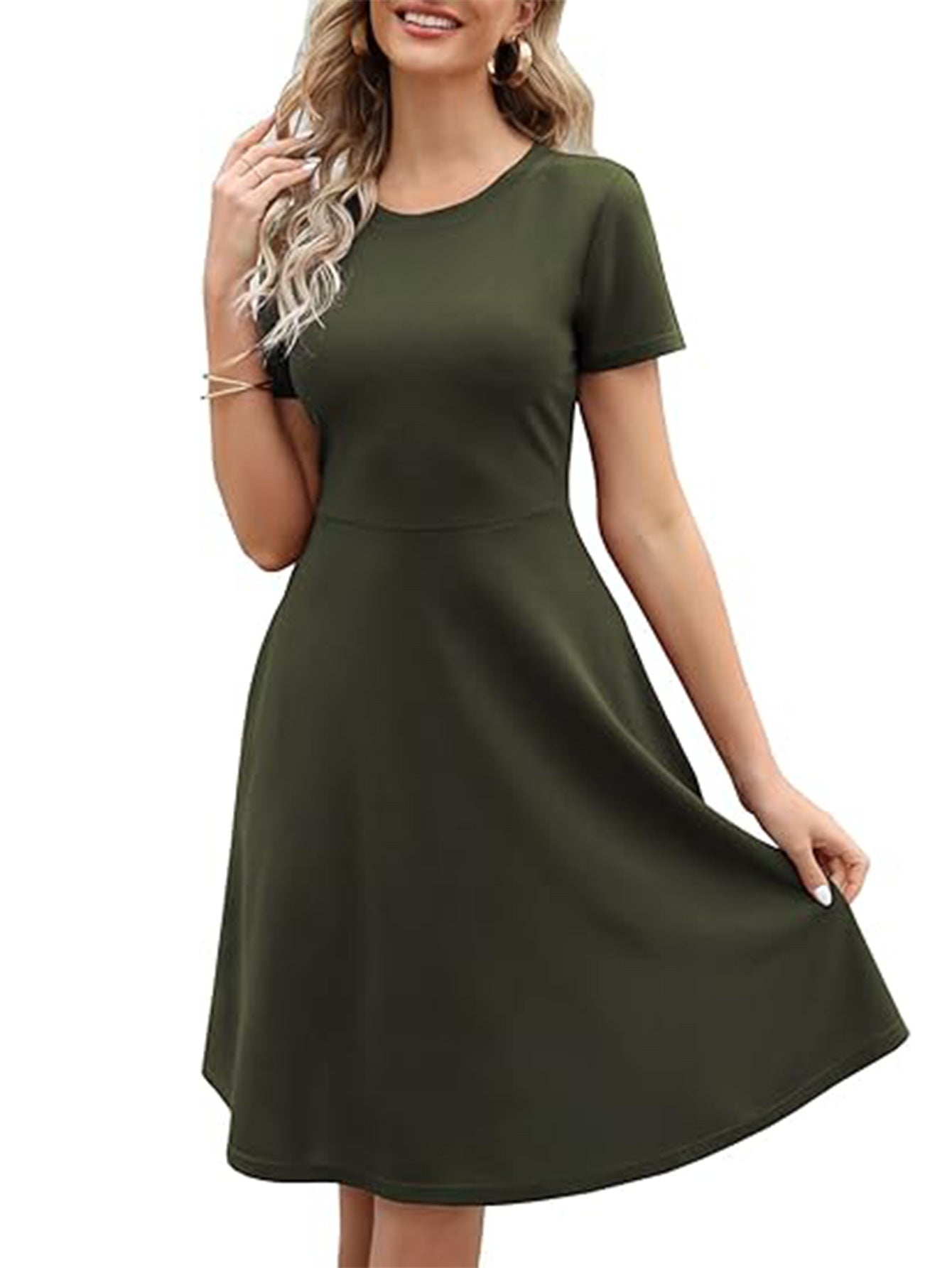 Dress for women – Fit and flare cut – Knee length – Short sleeve – Round neck