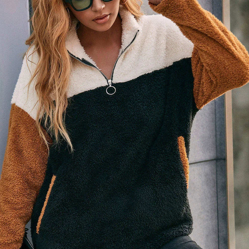 Oversized Half Zip Patchwork Sweatshirt