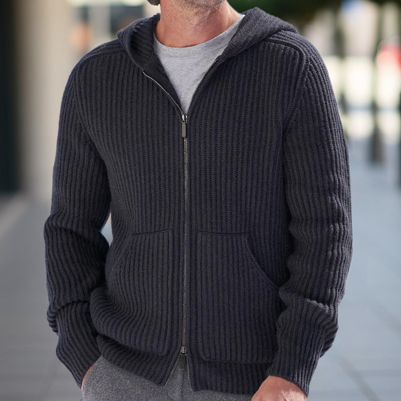 Men's Cardigan – Knit – Relaxed Fit – Hood – Ribbed Texture – Long Sleeves